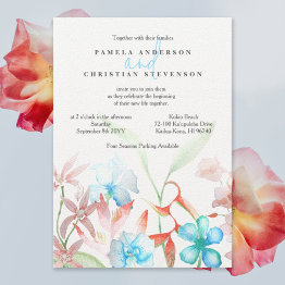 Small Blue Hibiscus, Orange Heliconia Flowers Wedding Invitation Front View