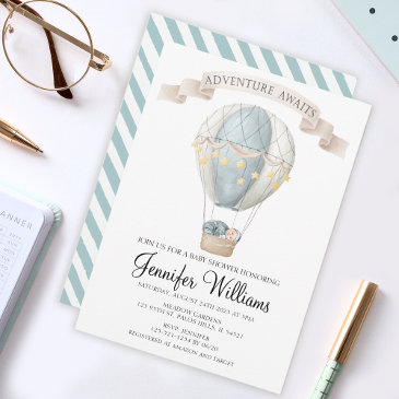 blue hot air balloon baby boy shower invitation
