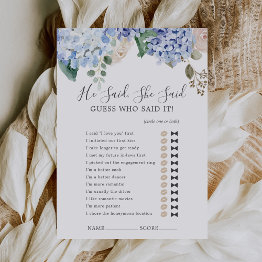 Small Blue Hydrangea He Said She Said Shower Game Invitations Front View