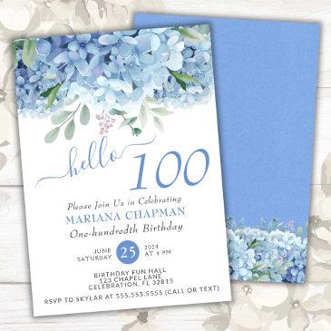 blue hydrangeas watercolor floral 100th birthday invitation