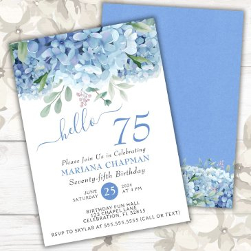 blue hydrangeas watercolor floral 75th birthday invitation