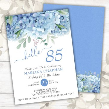 blue hydrangeas watercolor floral 85th birthday invitation