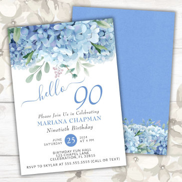 blue hydrangeas watercolor floral 90th birthday invitation