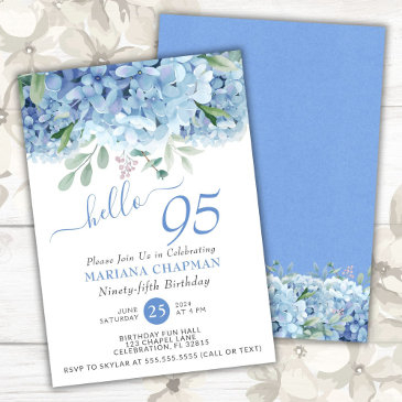 blue hydrangeas watercolor floral 95th birthday invitation