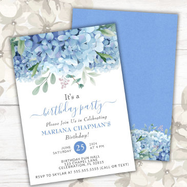 blue hydrangeas watercolor floral birthday party invitation