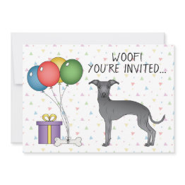 Small Blue Italian Greyhound Cute Cartoon Dog Birthday Invitation Front View