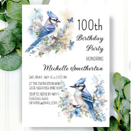 Small Blue Jay Bird Flowers Springtime 100th Birthday Invitation Front View