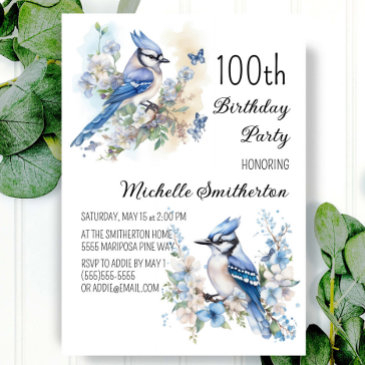 blue jay bird flowers springtime 100th birthday invitation