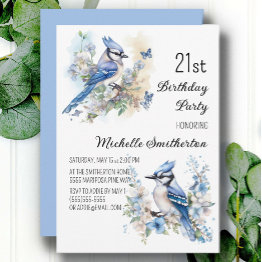 Small Blue Jay Bird Flowers Springtime 21st Birthday Invitation Front View