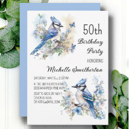 Small Blue Jay Bird Flowers Springtime 50th Birthday Invitation Front View