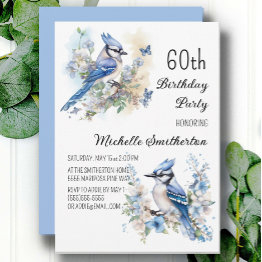 Small Blue Jay Bird Flowers Springtime 60th Birthday Invitation Front View