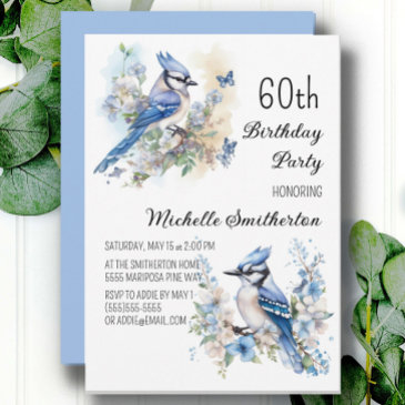 blue jay bird flowers springtime 60th birthday invitation