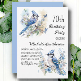 Small Blue Jay Bird Flowers Springtime 70th Birthday Invitation Front View