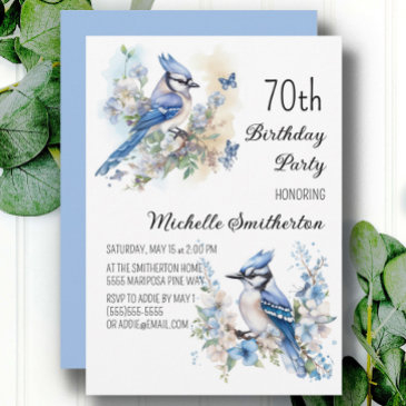 blue jay bird flowers springtime 70th birthday invitation