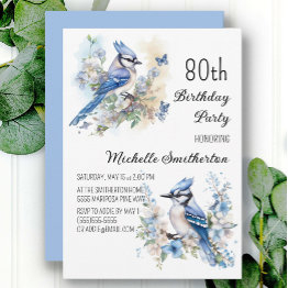 Small Blue Jay Bird Flowers Springtime 80th Birthday Invitation Front View
