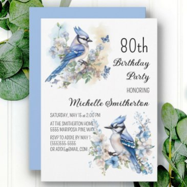 blue jay bird flowers springtime 80th birthday invitation