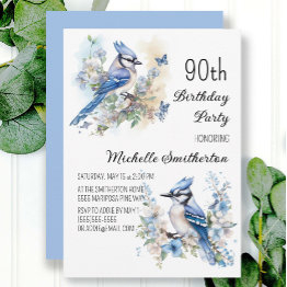 Small Blue Jay Bird Flowers Springtime 90th Birthday Invitation Front View