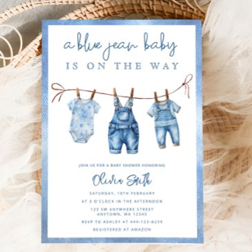 blue jean baby is on the way denim boy baby shower invitation