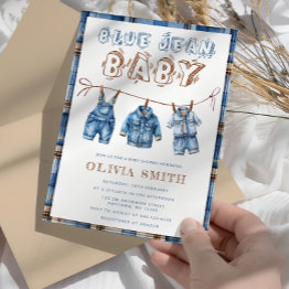 Small Blue Jean Boy Baby Shower Invitation Front View
