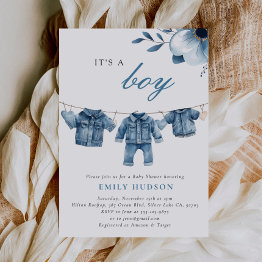 Small Blue Jean Denim Clothes Boy Baby Shower Invitation Front View
