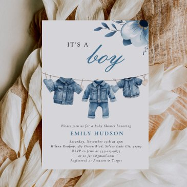 blue jean denim clothes boy baby shower invitation