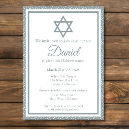 Small Blue Jewish Baby Naming Ceremony Brit Milah Invitation Front View