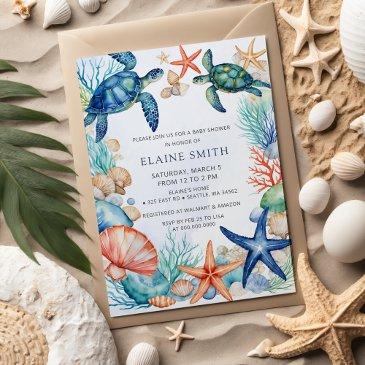 blue marine seashells ocean sea beach baby shower invitation