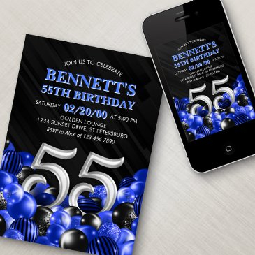 blue mens 55th birthday invitation