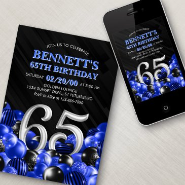 blue mens 65th birthday invitation