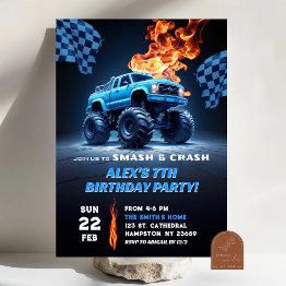 Small Blue Monster Truck Birthday Invitation Front View
