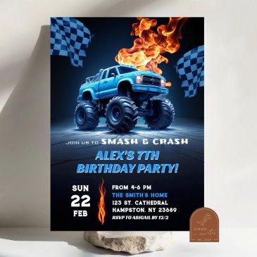 blue monster truck birthday invitation