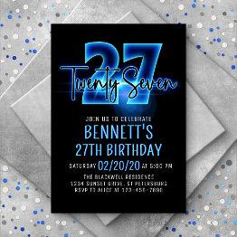 Small Blue Neon 27th Birthday Invitation Front View