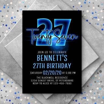 blue neon 27th birthday invitation