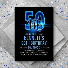 Small Blue Neon 50th Birthday Invitation Front View