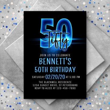 blue neon 50th birthday invitation
