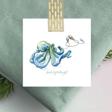 blue octopus beachy mini christmas watercolor note invitations