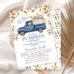 Small Blue Orange Pumpkin Truck Foliage Baby Shower Invitation Front View