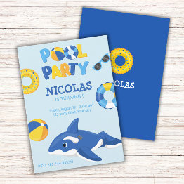 Small Blue Orca Inflatable Pool Party Invitation Front View