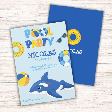 blue orca inflatable pool party invitation