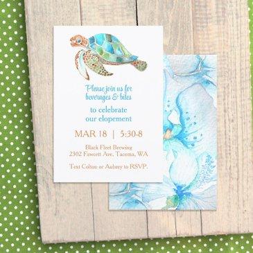 blue orchid, sea turtle elopement reception party invitation