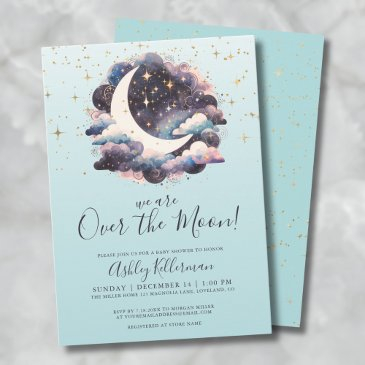 blue over the moon baby shower invitation