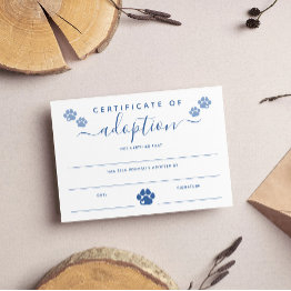 Small Blue Paw Prints Certificate Of Adoption Front View