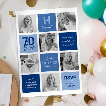blue photo collage 70th birthday invitation