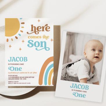 blue photo retro here comes the sun 1st birthday invitation