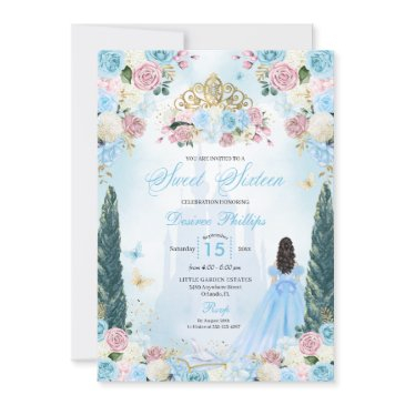 blue & pink cinderella fairytale princess sweet 16 invitation