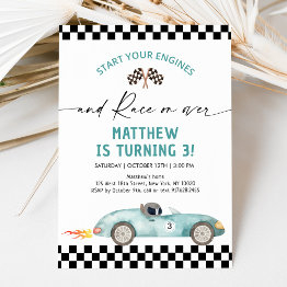 Small Blue Race Car Birthday Invitation Front View