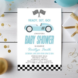 Small Blue Race Car Checkered Race Flag Baby Shower Invitation Front View