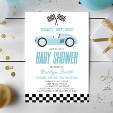 blue race car checkered race flag baby shower invitation