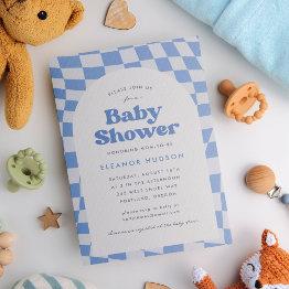 Small Blue Retro Groovy 70s Checkerboard Baby Shower Invitation Front View