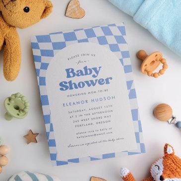 blue retro groovy 70s checkerboard baby shower invitation